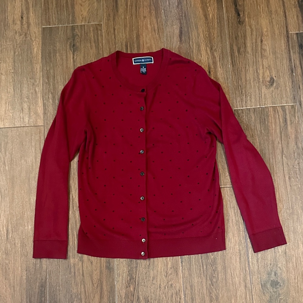 Charter Club Burgundy and Tiny Black Dots Button-Up Cardigan.